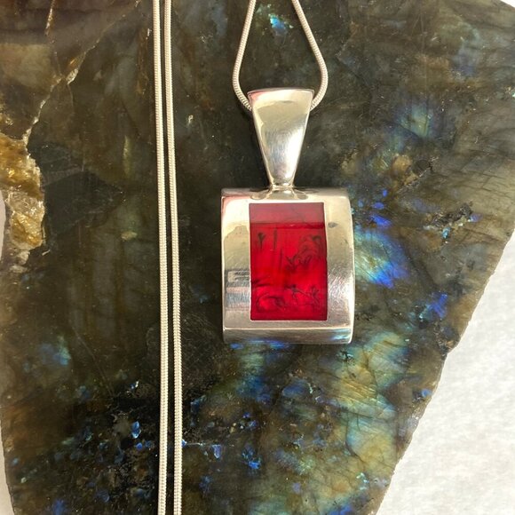 Solid Sterling Silver 925 Sim Red Jasper Pendant Necklace 19.5" Snake Chain - Picture 6 of 16